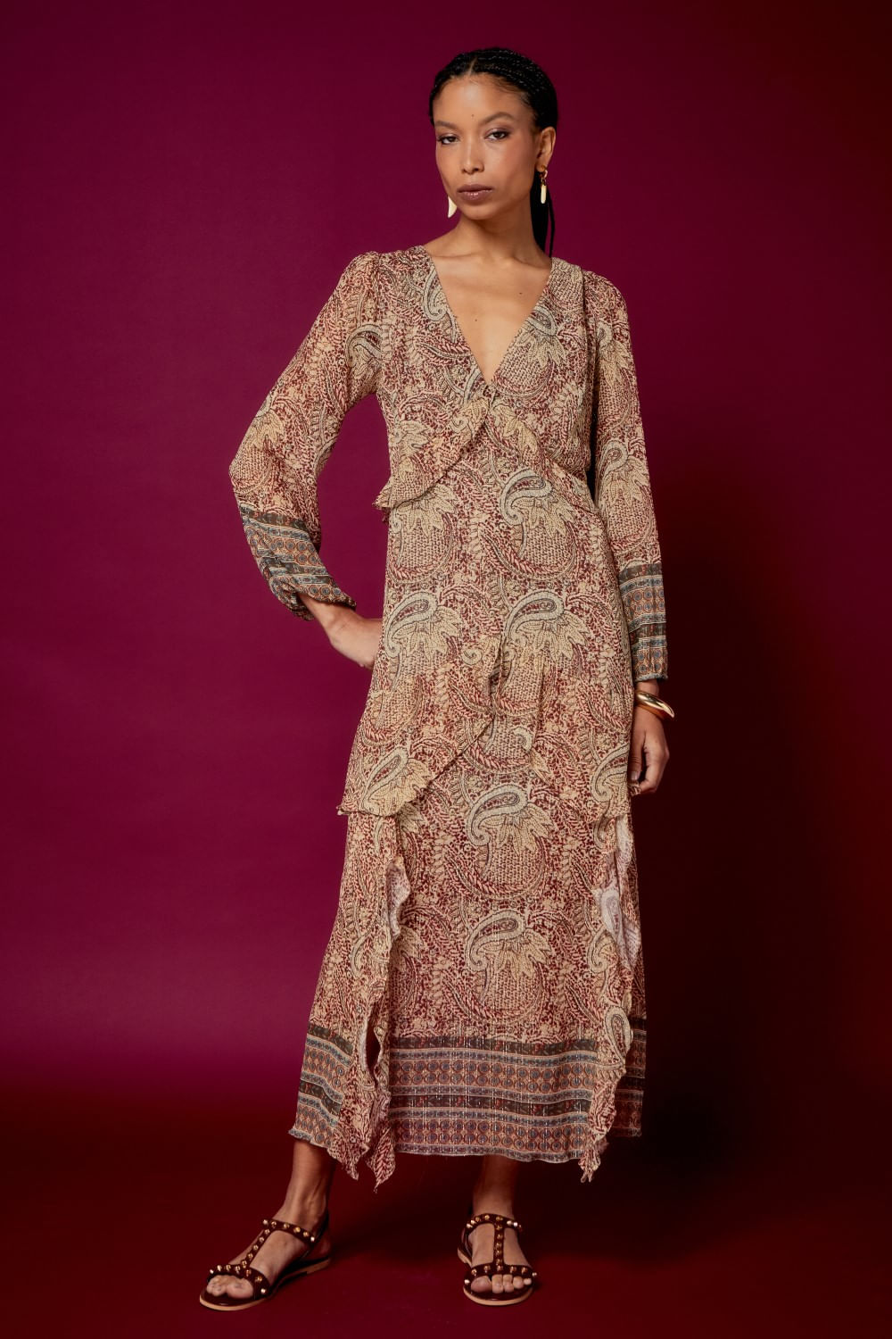 VESTIDO BABADOS ESTAMPA PIA LUREX
