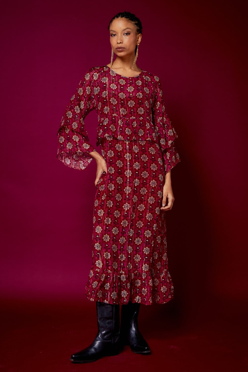 VESTIDO BABADOS ESTAMPA ULLA LUREX