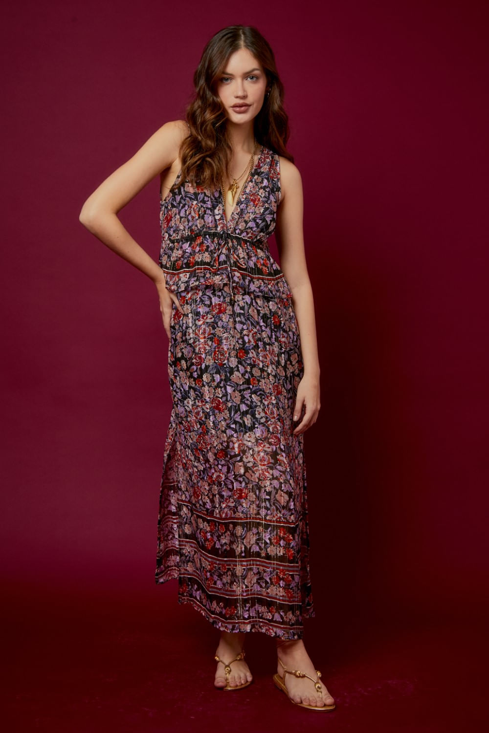 VESTIDO DECOTE ESTAMPA PIZ LUREX
