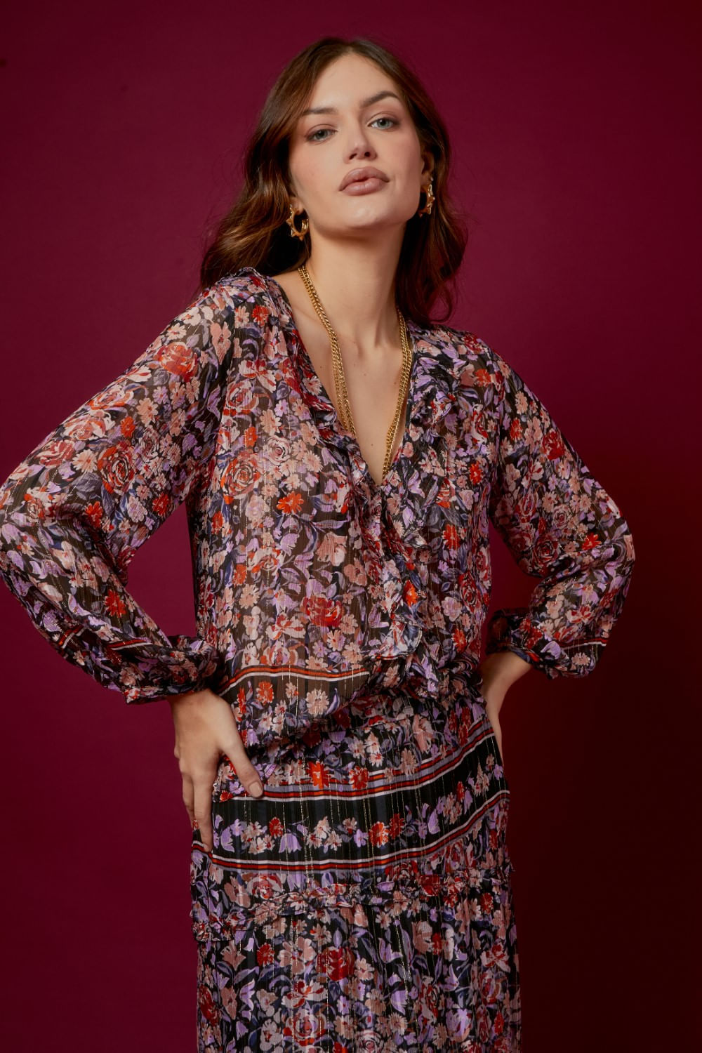BLUSA BABADOS ESTAMPA PIZ LUREX