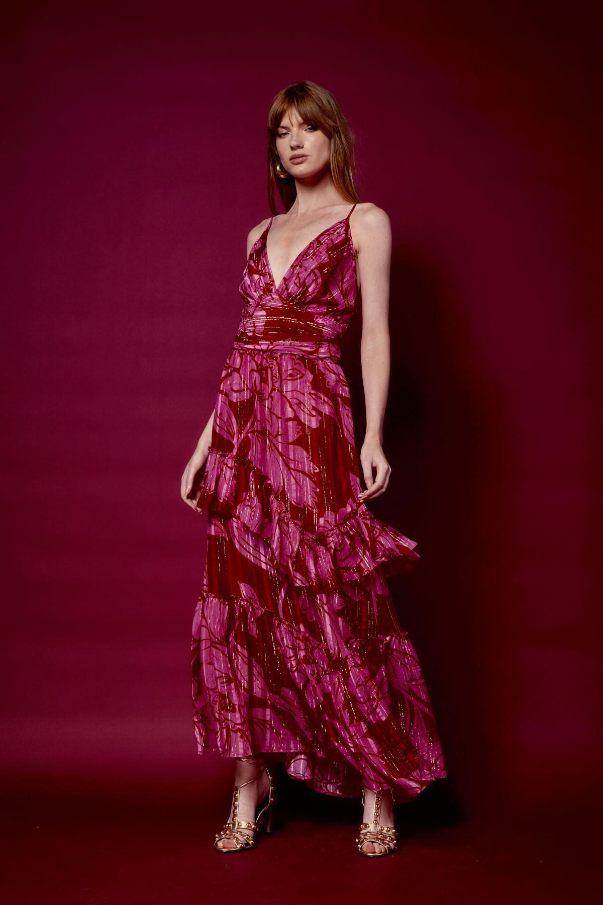 VESTIDO BABADOS ESTAMPA KIEZA LUREX
