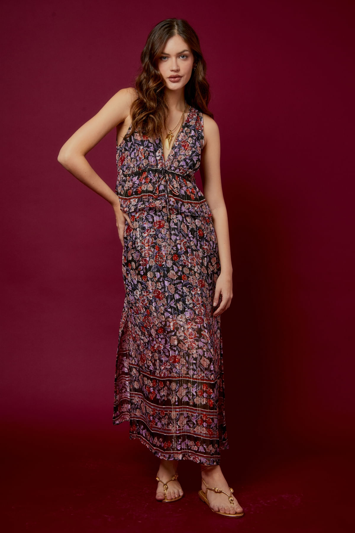 VESTIDO DECOTE ESTAMPA PIZ LUREX