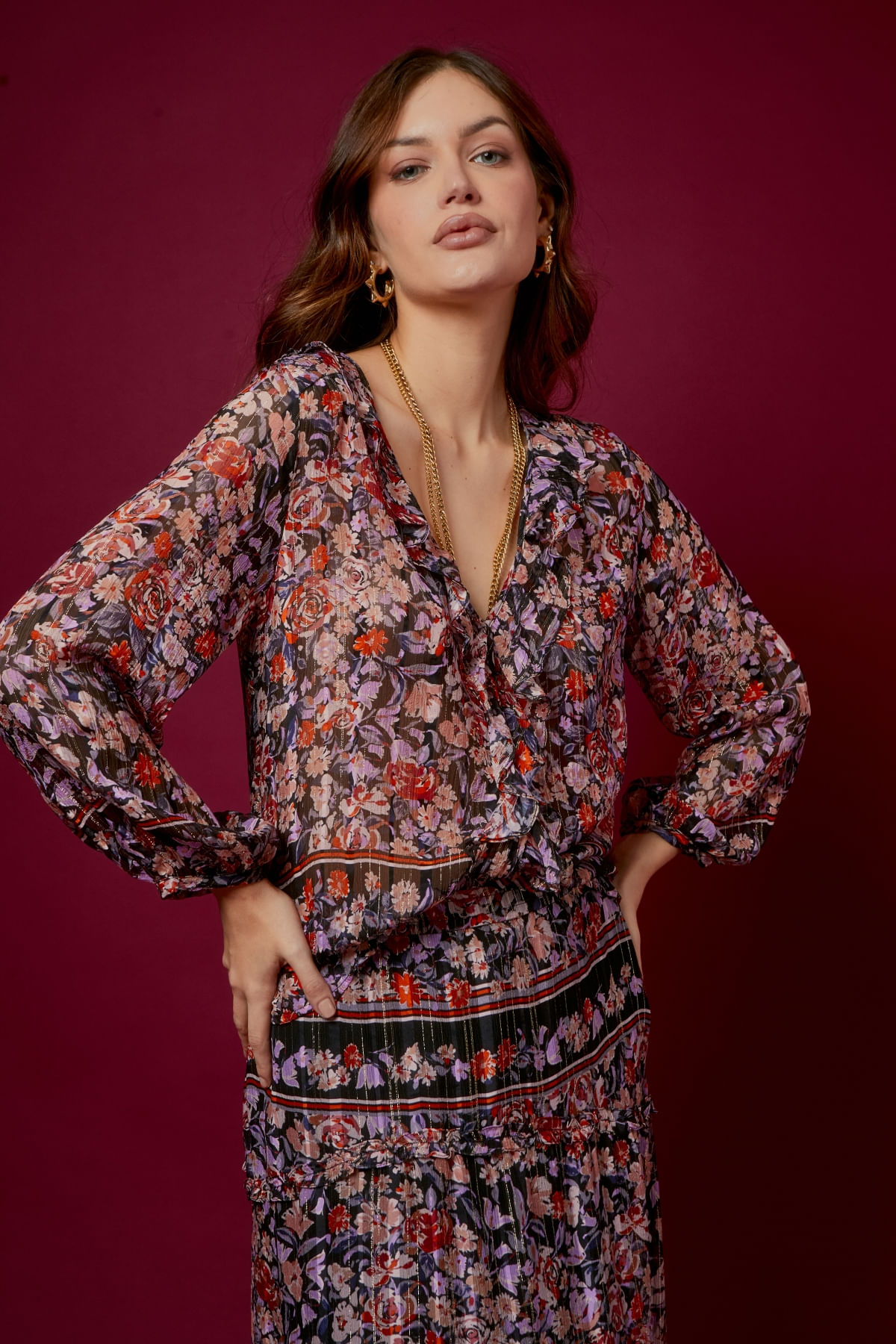 BLUSA BABADOS ESTAMPA PIZ LUREX