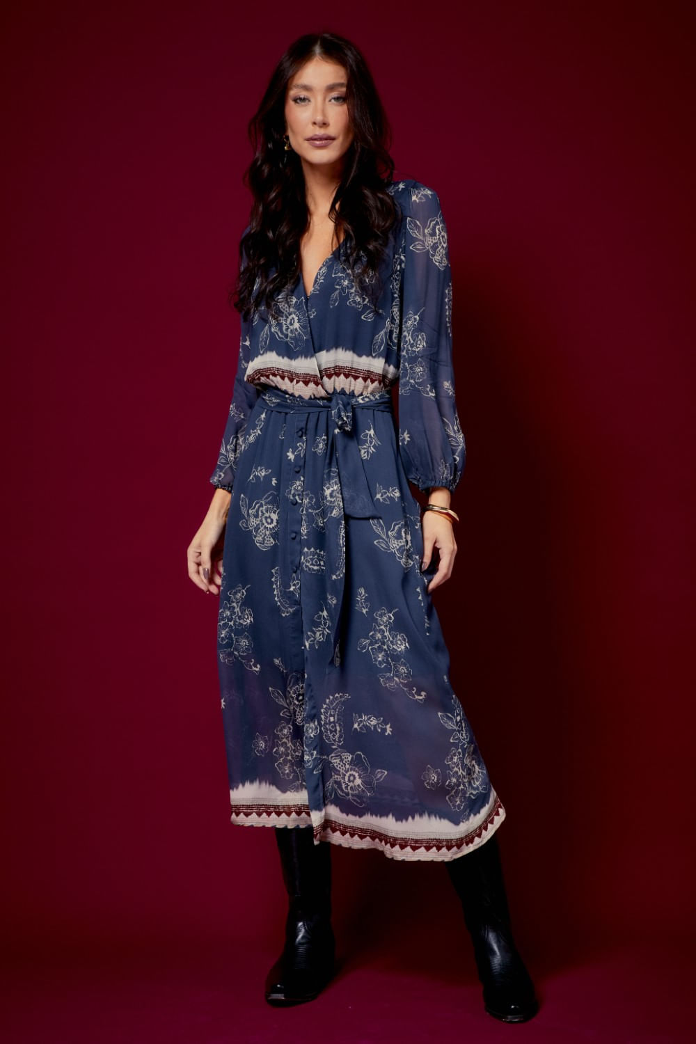 VESTIDO MIDI ESTAMPA MEGEVE COM FAIXA
